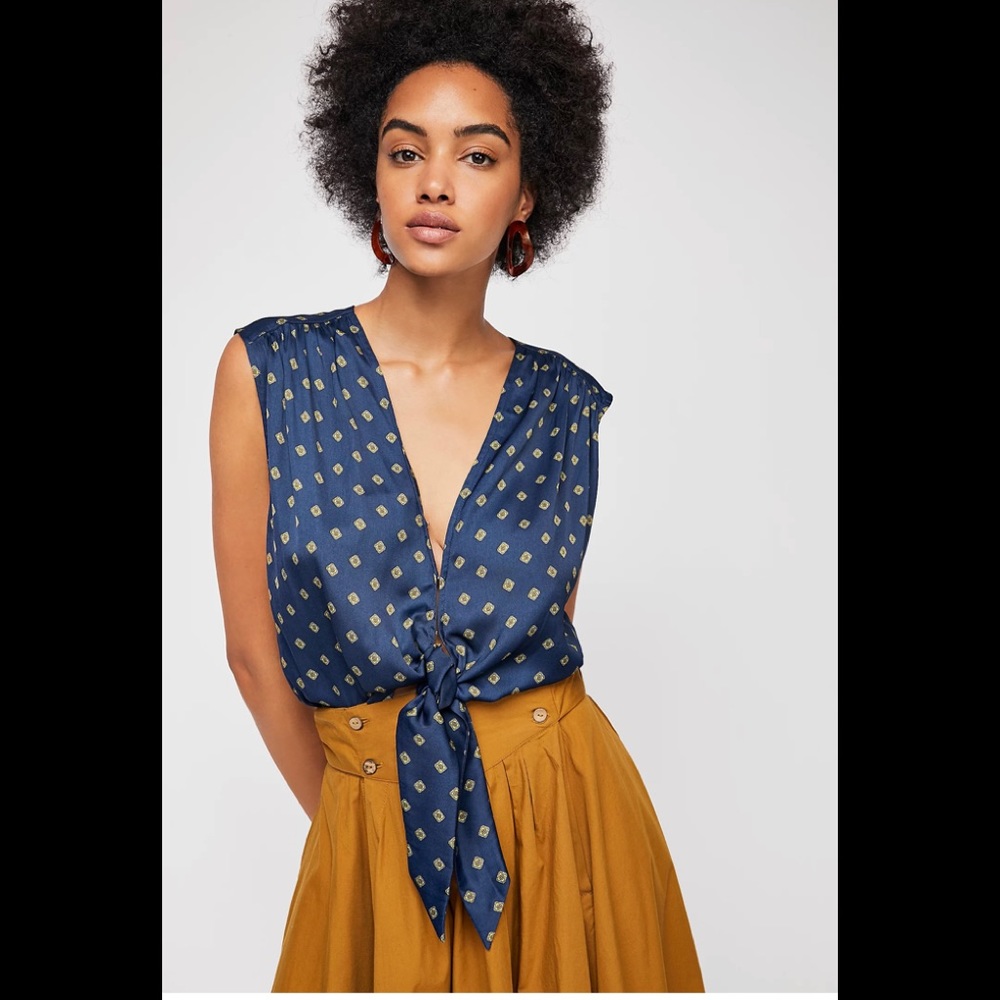 Free People Navy and Gold Blouse